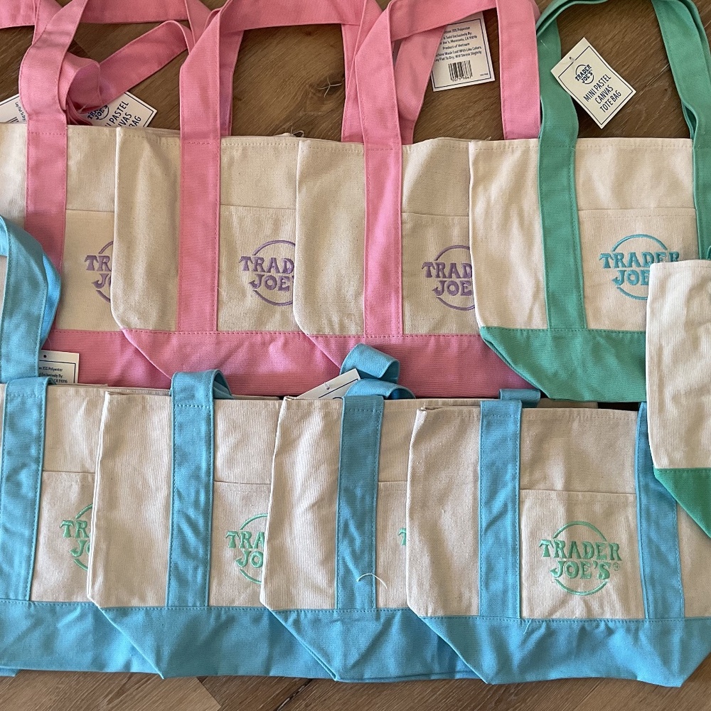 NWT Trader Joes Mini Pastel Canvas Tote Bags 3 Spring Colors Lot Of 11 Pc - Picture 2 of 11